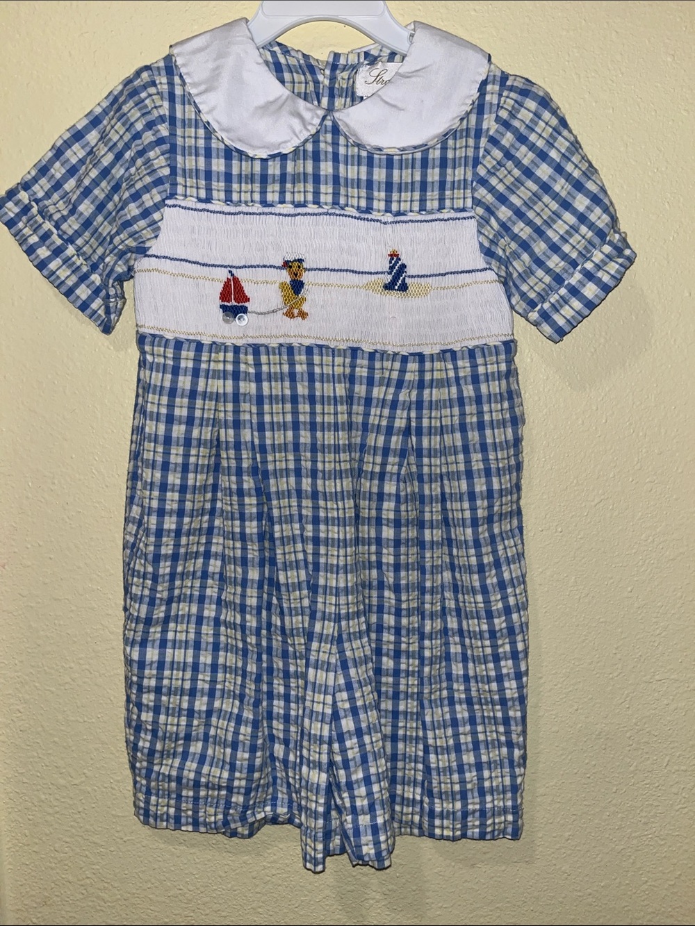 NEW! Strasburg Blue and White Gingham Smocked Jumper with Nautical Embroidery